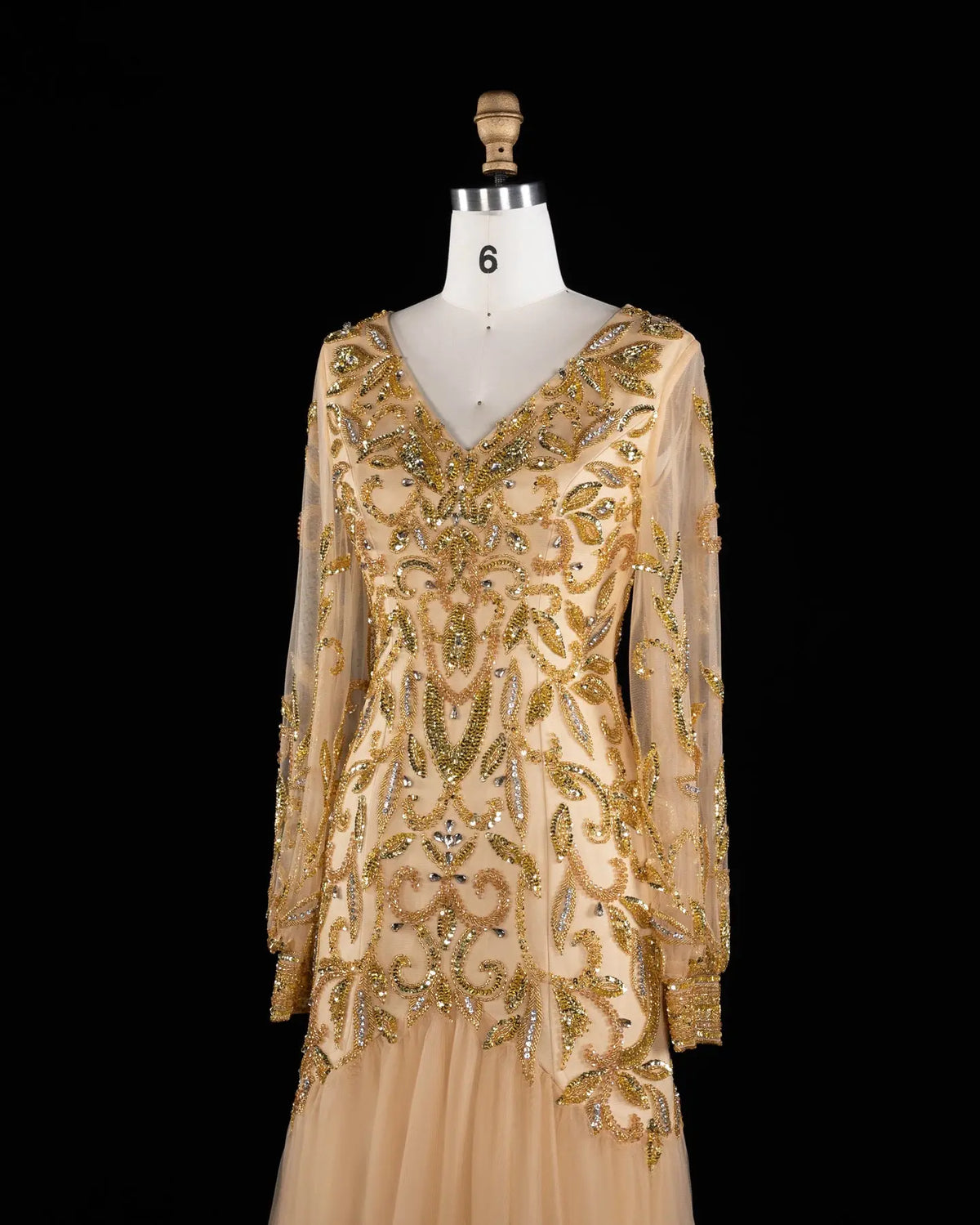 Gold V Neck Long Sleeve Sequins Evening Gown XD080-6