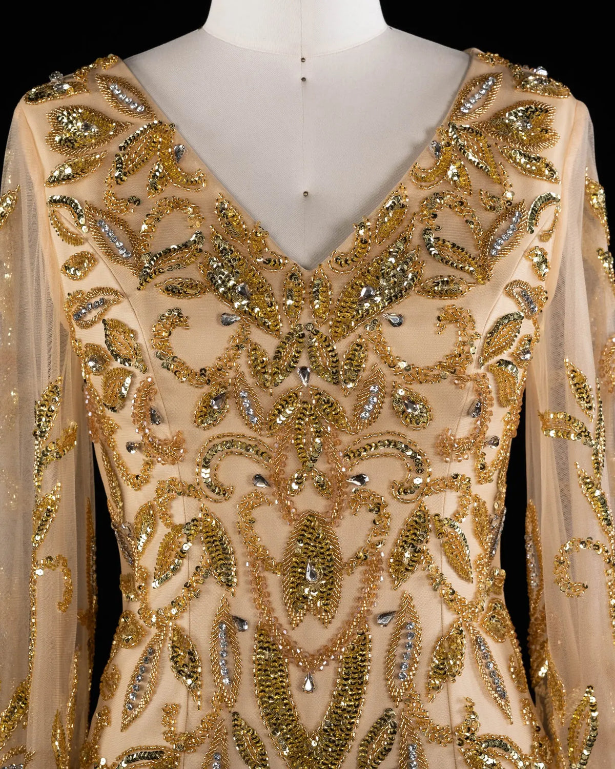 Gold V Neck Long Sleeve Sequins Evening Gown XD080-7