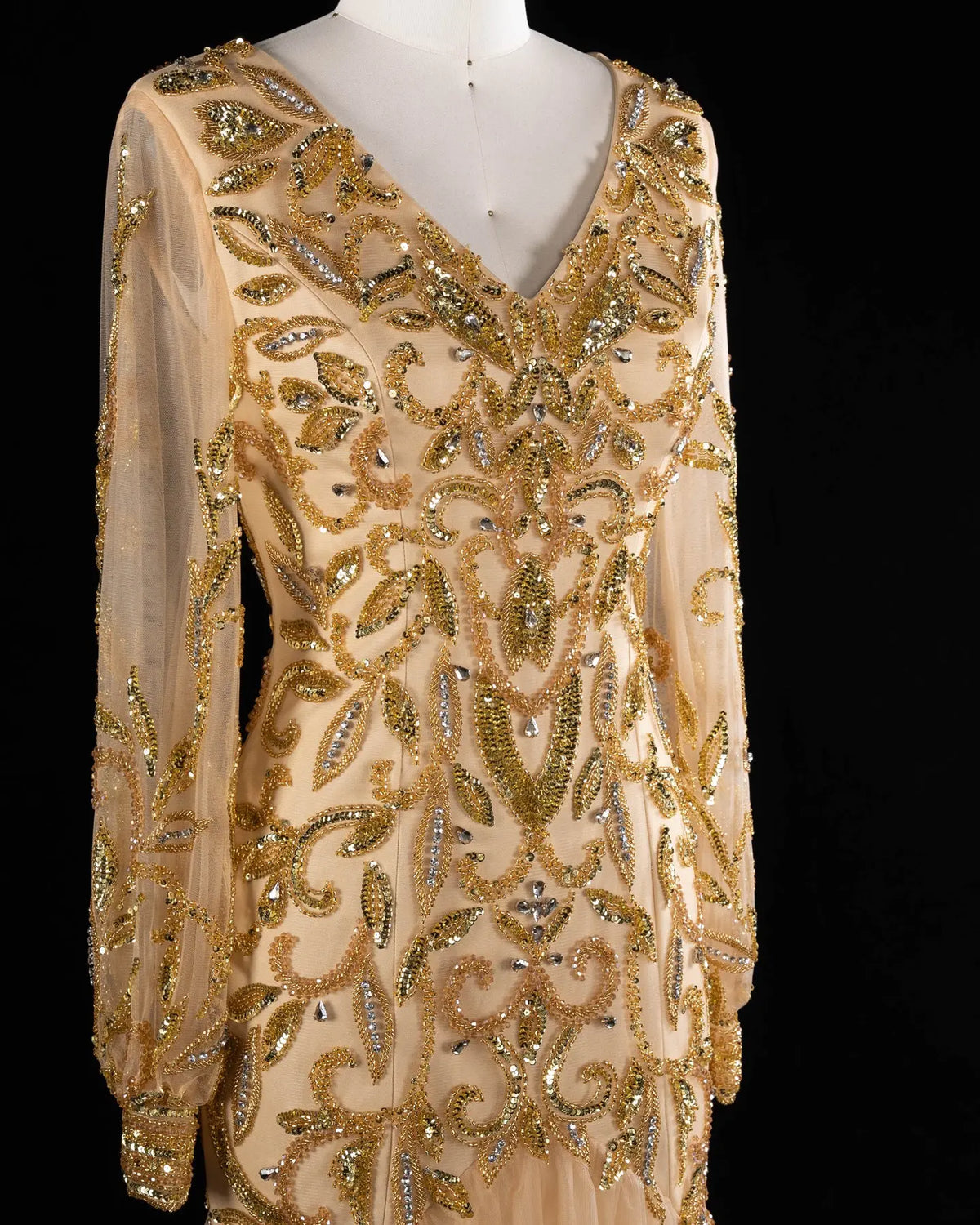 Gold V Neck Long Sleeve Sequins Evening Gown XD080-9