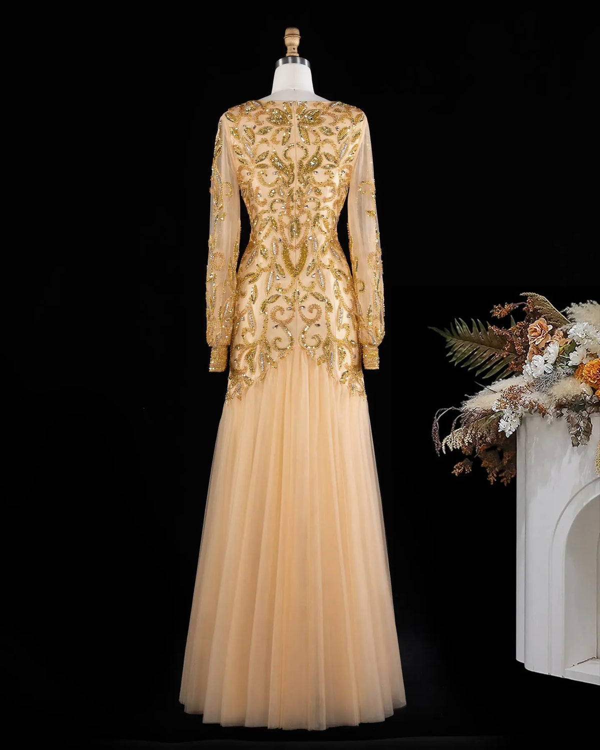Gold V Neck Long Sleeve Sequins Evening Gown XD080-10