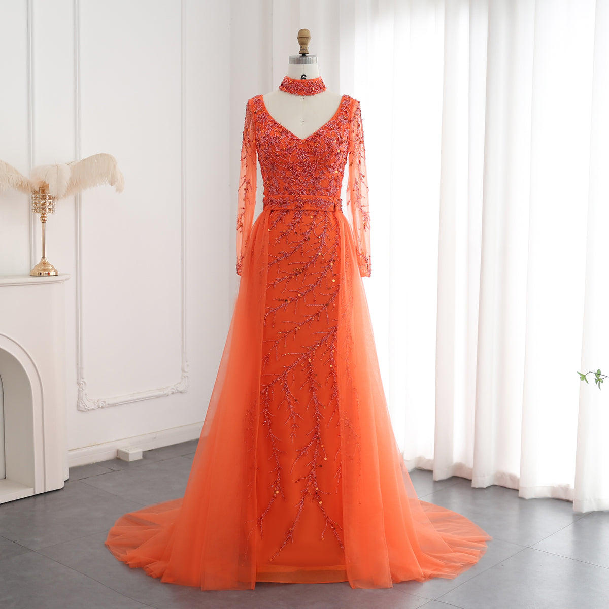 Sharon Said Luxury Beaded Mermaid Orange Evening Dress with Overskirt Light Blue Long Sleeves Women Wedding Party Gowns SS222
