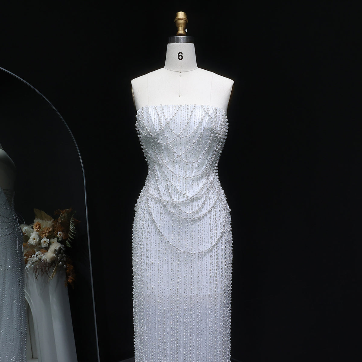 Luxury White Sequin Pearl Strapless Wedding Dress SW087 
