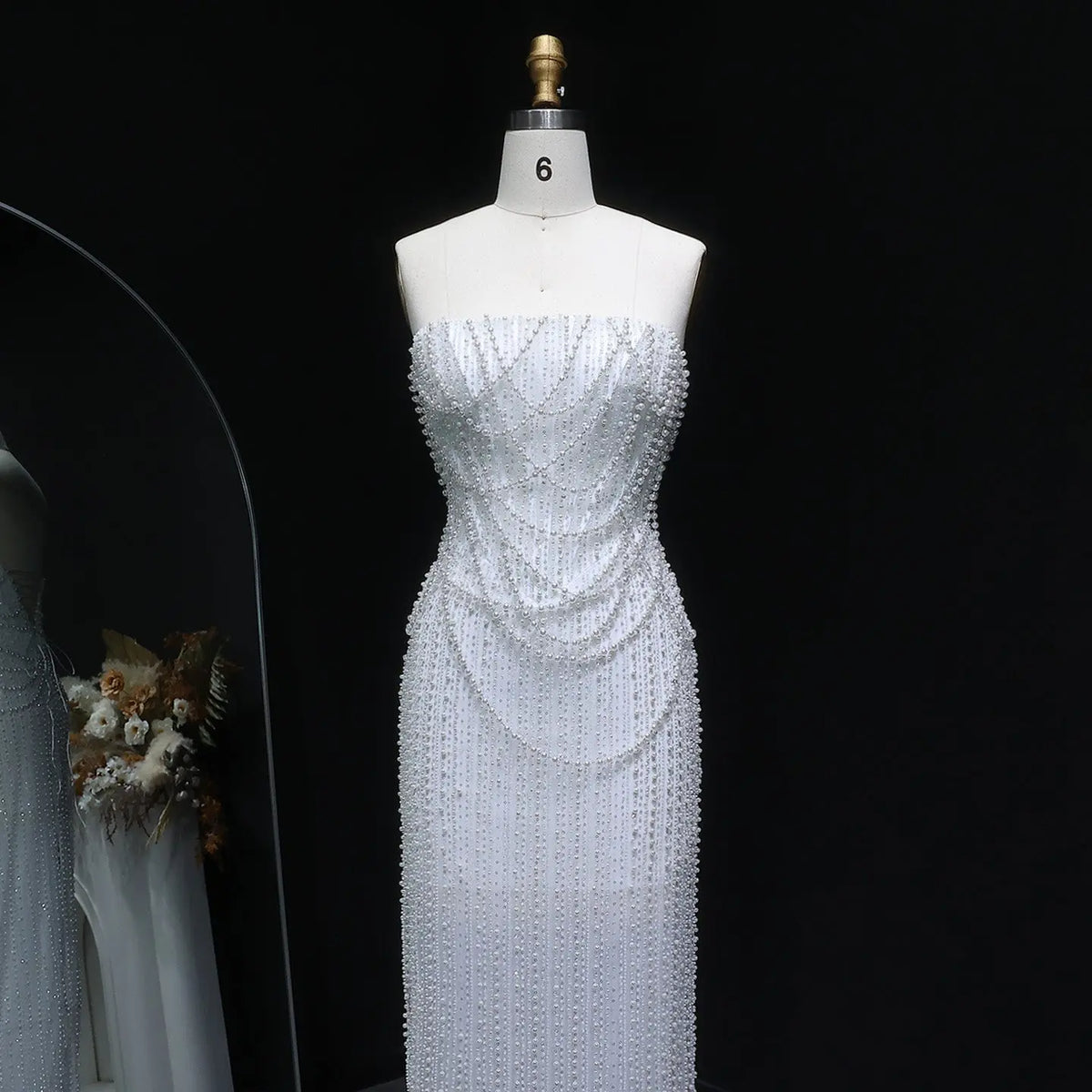 Luxury White Sequin Pearl Strapless Wedding Dress SW087 
