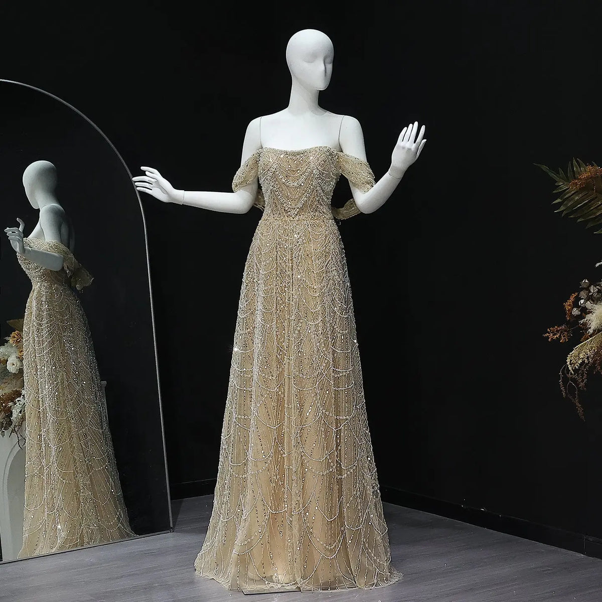 Luxury Beaded Champagne Off-Shoulder Evening Dress SS676 – SHARONSAID