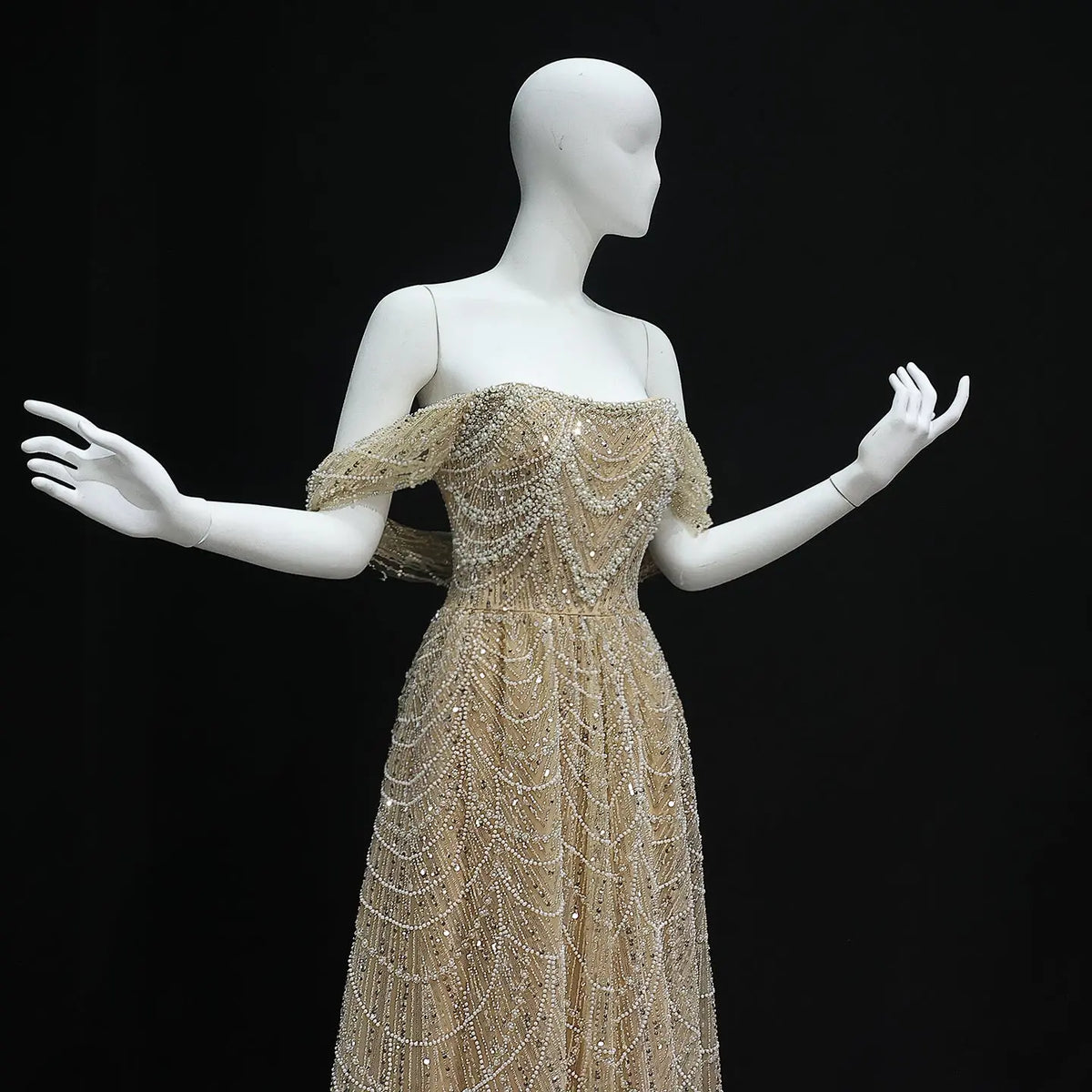 Luxury Beaded Champagne Off-Shoulder Evening Dress SS676 - SHARONSAID Luxury Beaded Champagne Off-Shoulder Evening Dress SS676 - SHARONSAID