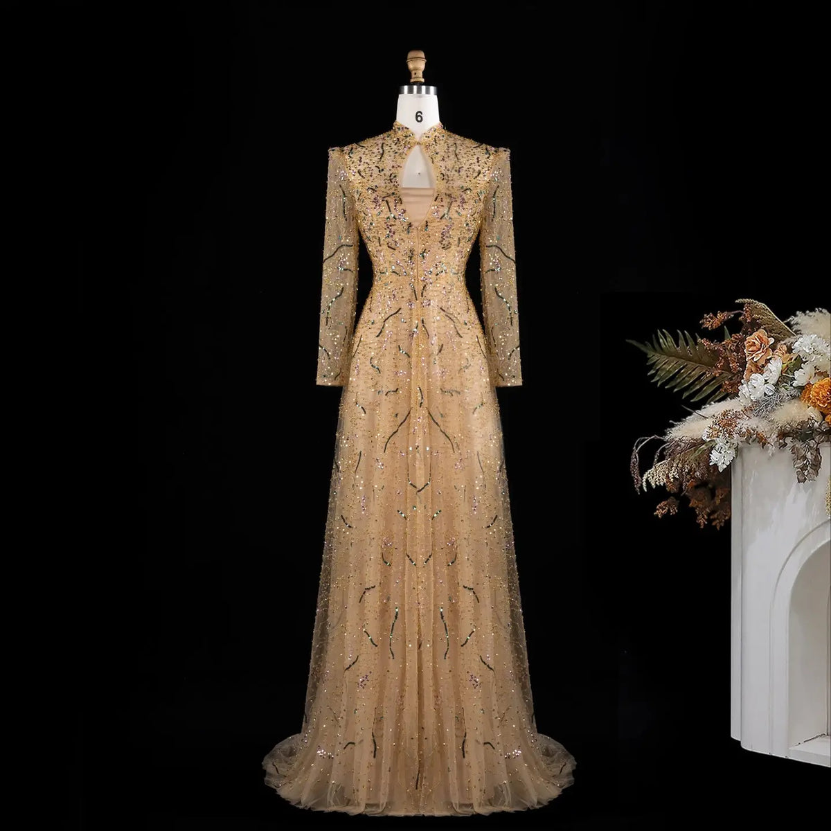 Gold Long Sleeve Sheer Evening Gown XD020-3