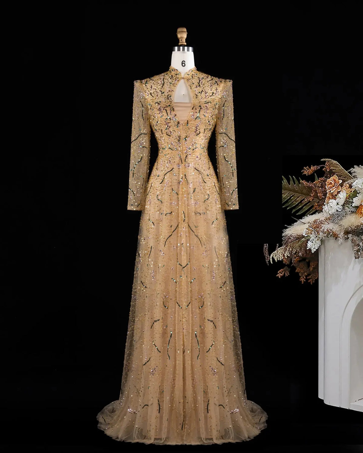 Gold Long Sleeve Sheer Evening Gown XD020-2