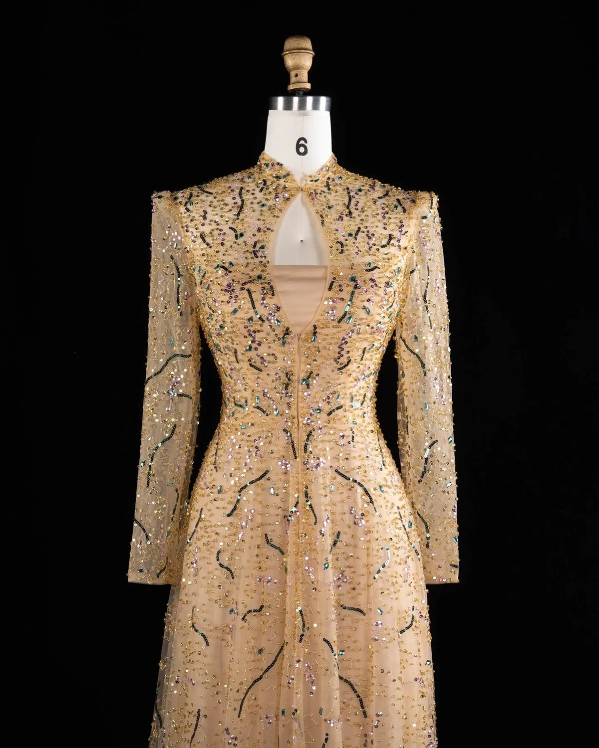 Gold Long Sleeve Sheer Evening Gown XD020-4