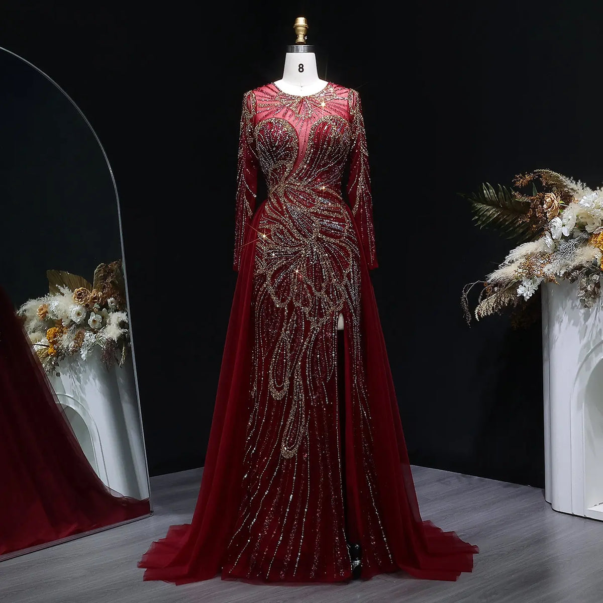 Luxury Green Beaded High-Slit Evening Dress with Overskirt SS160 