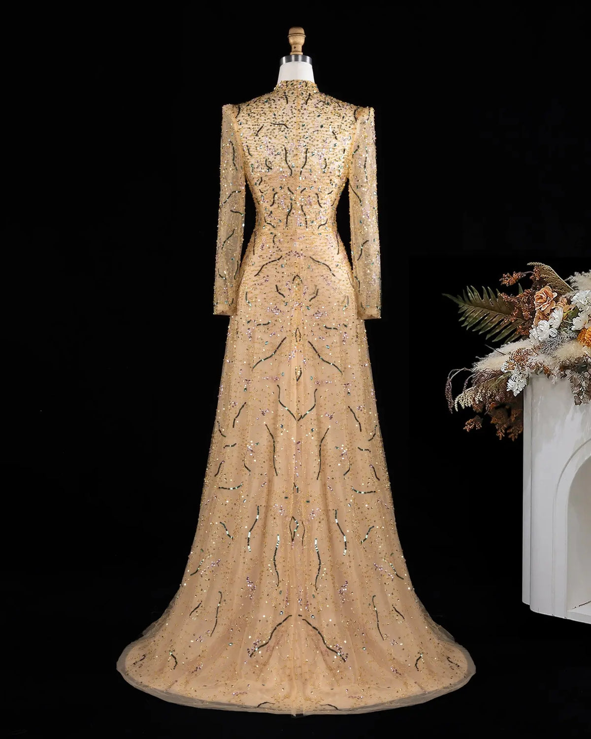 Gold Long Sleeve Sheer Evening Gown XD020-9