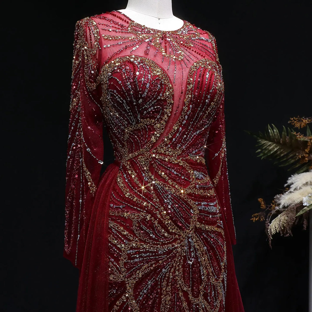 Luxury Green Beaded High-Slit Evening Dress with Overskirt SS160 