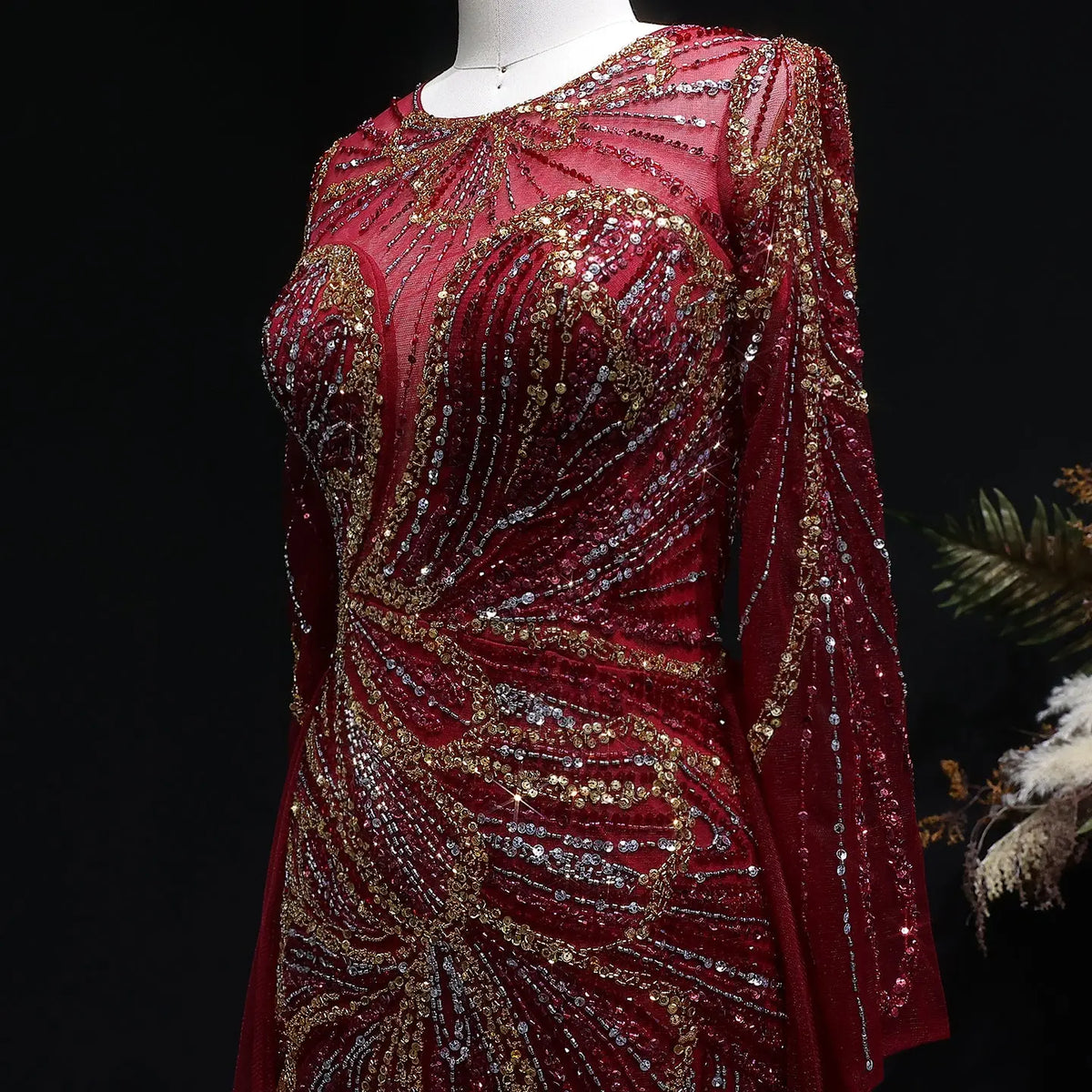 Luxury Green Beaded High-Slit Evening Dress with Overskirt SS160 