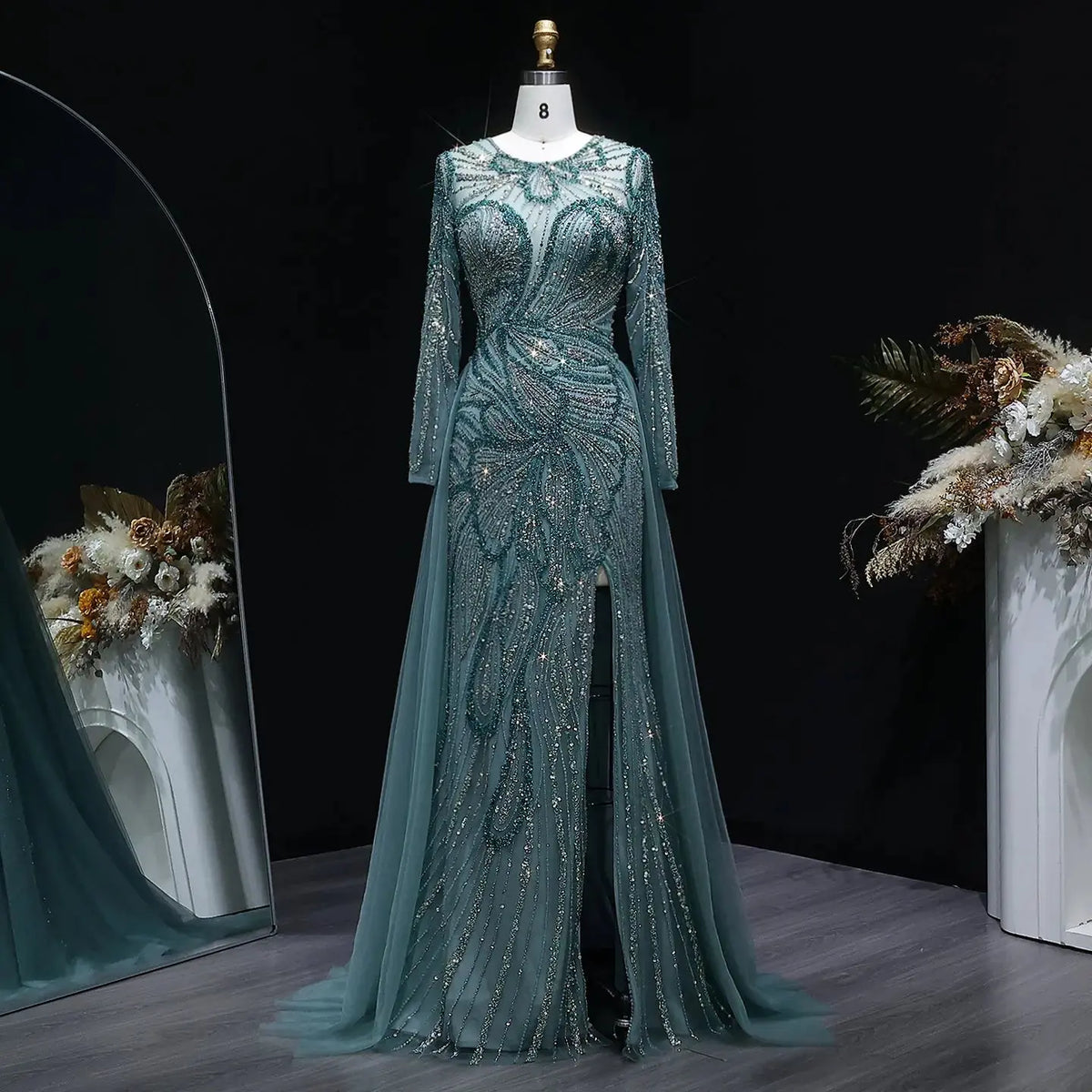 Luxury Green Beaded High-Slit Evening Dress with Overskirt SS160 