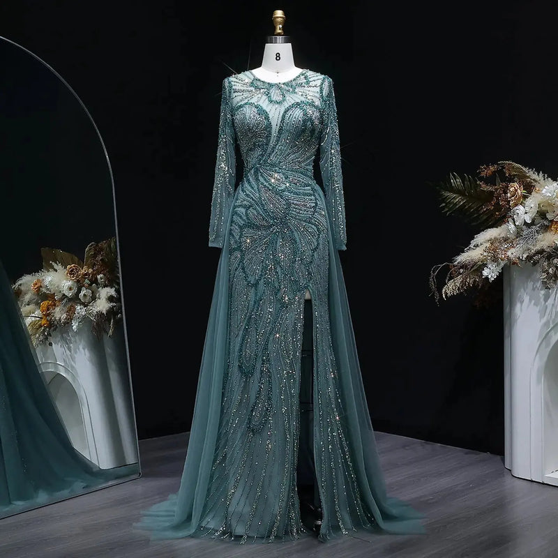 Luxury Green Beaded High-Slit Evening Dress with Overskirt SS160 