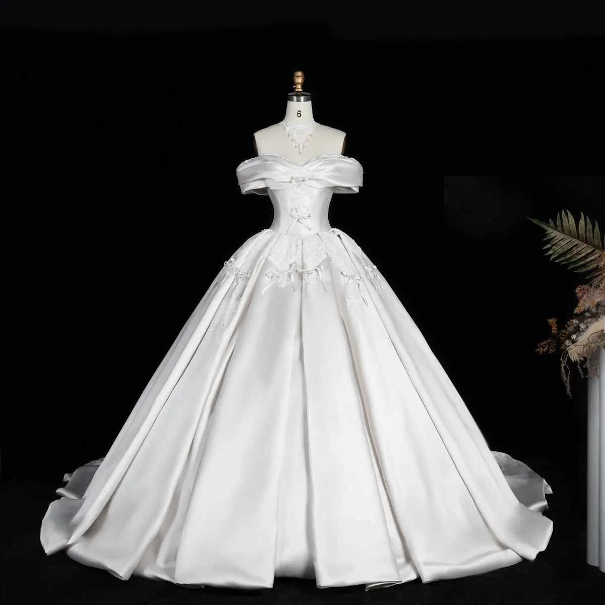 White Satin Off the Shoulder Ball Gown Dress SW675