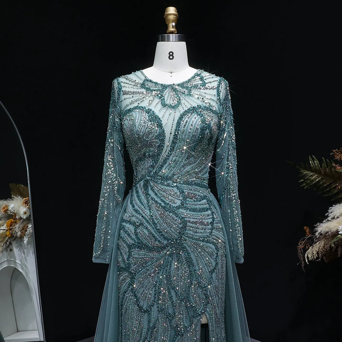 Luxury Green Beaded High-Slit Evening Dress with Overskirt SS160 