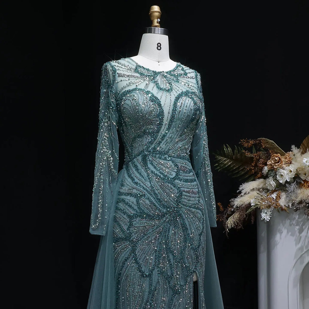 Luxury Green Beaded High-Slit Evening Dress with Overskirt SS160 