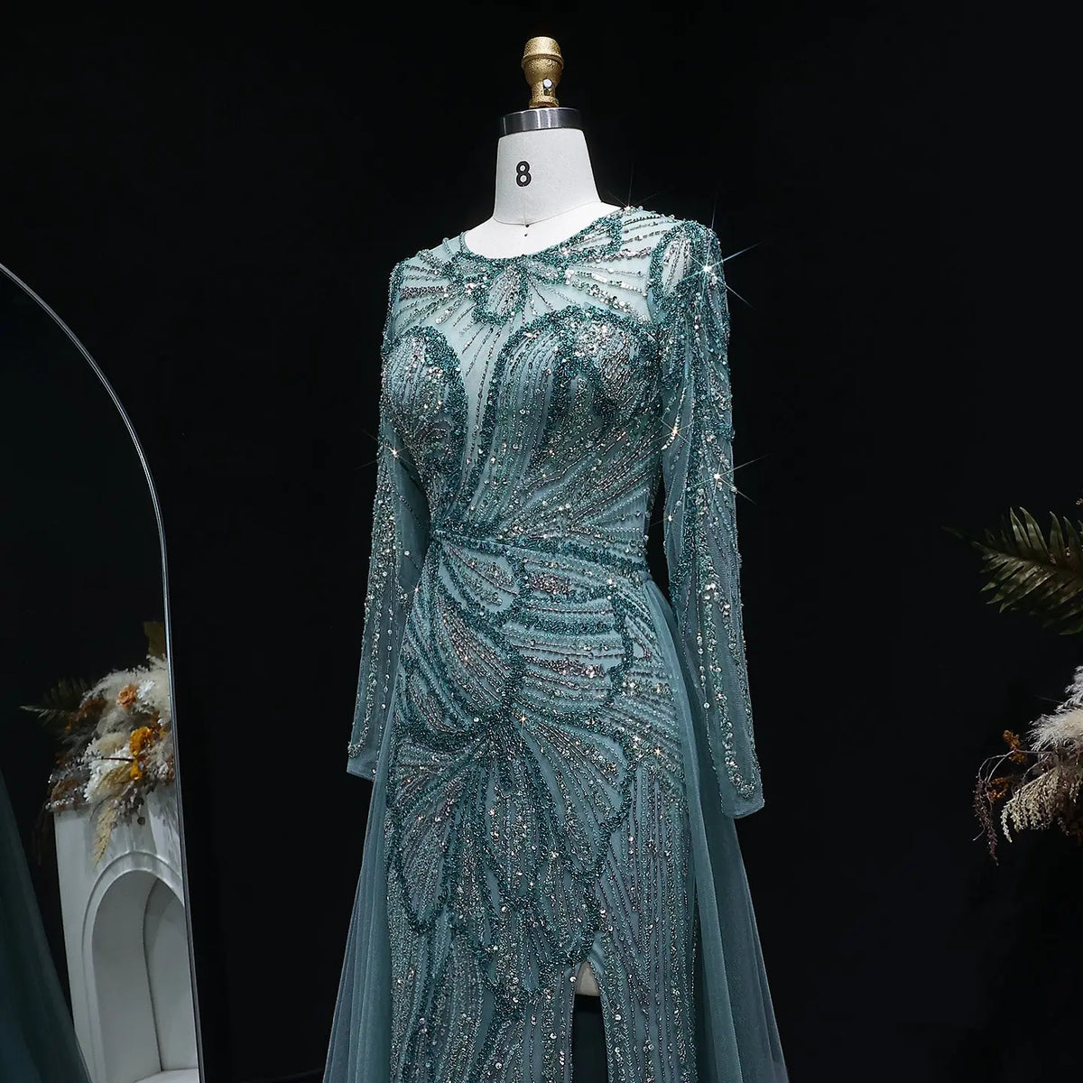 Luxury Green Beaded High-Slit Evening Dress with Overskirt SS160 