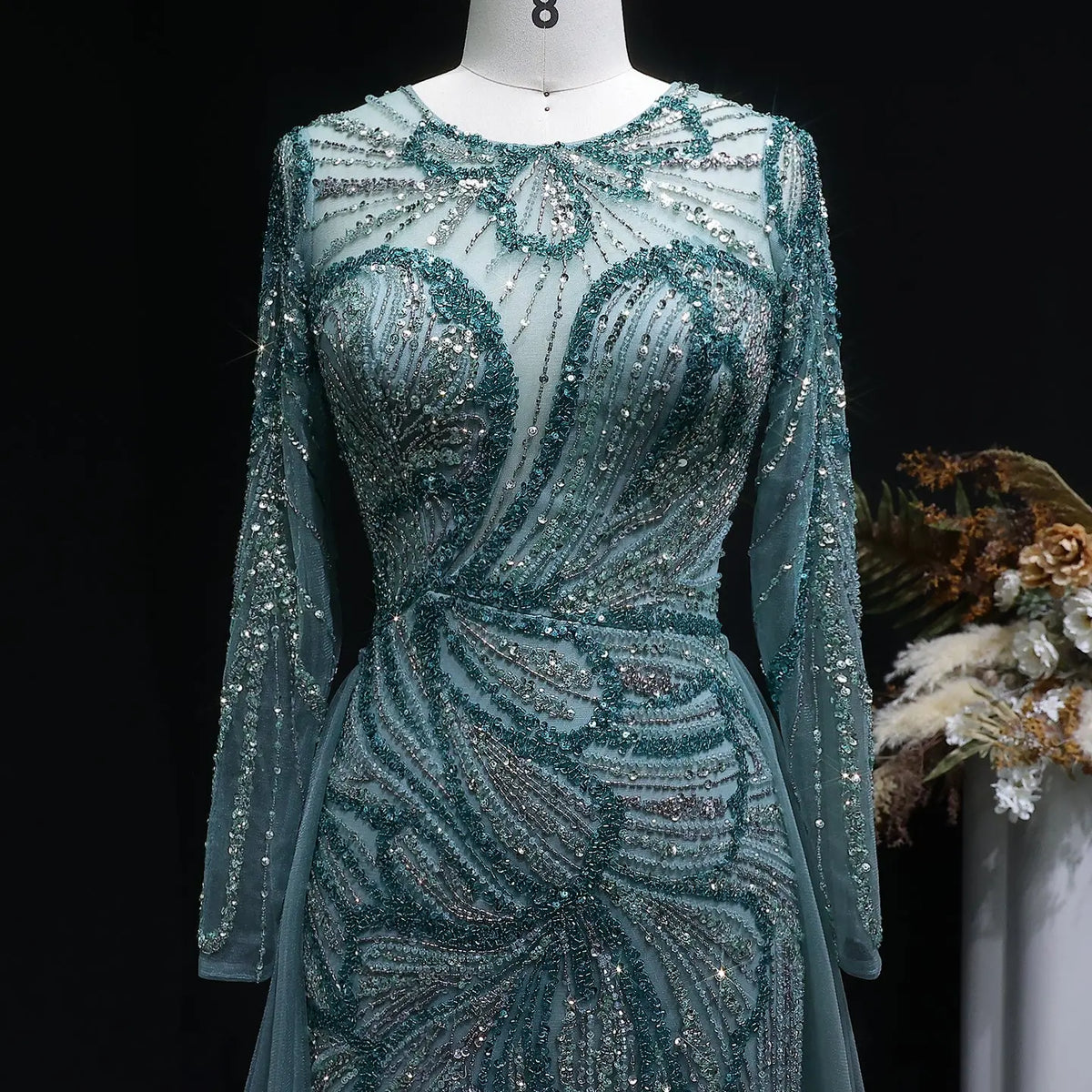 Luxury Green Beaded High-Slit Evening Dress with Overskirt SS160 