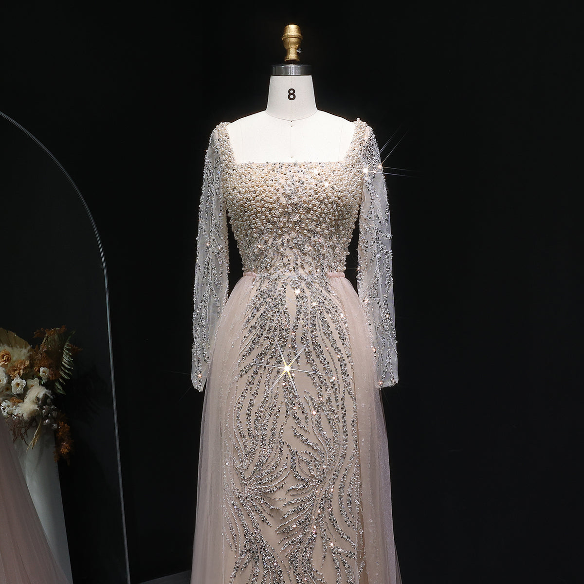 Luxury Beaded Champagne Long Sleeve Evening Dress SS632 