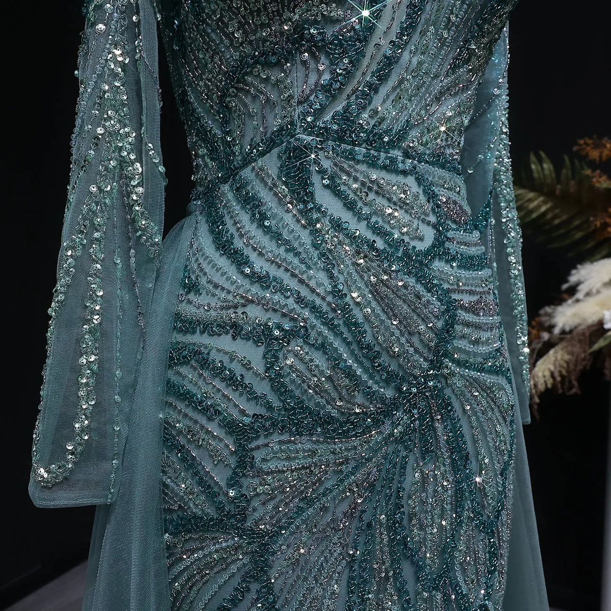 Luxury Green Beaded High-Slit Evening Dress with Overskirt SS160 