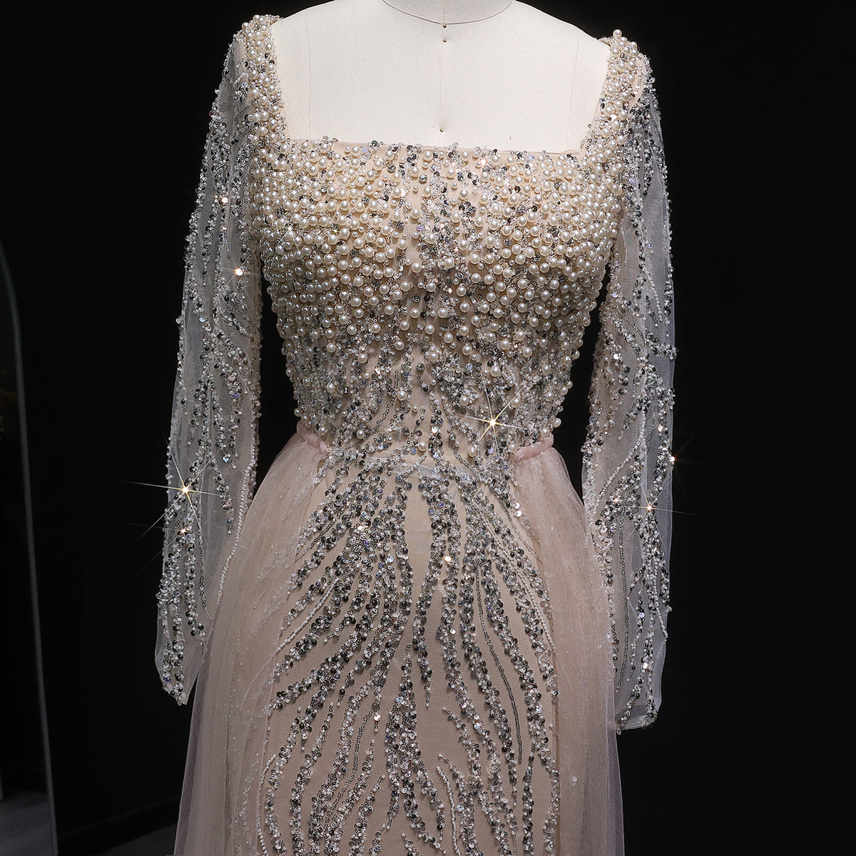 Luxury Beaded Champagne Long Sleeve Evening Dress SS632 
