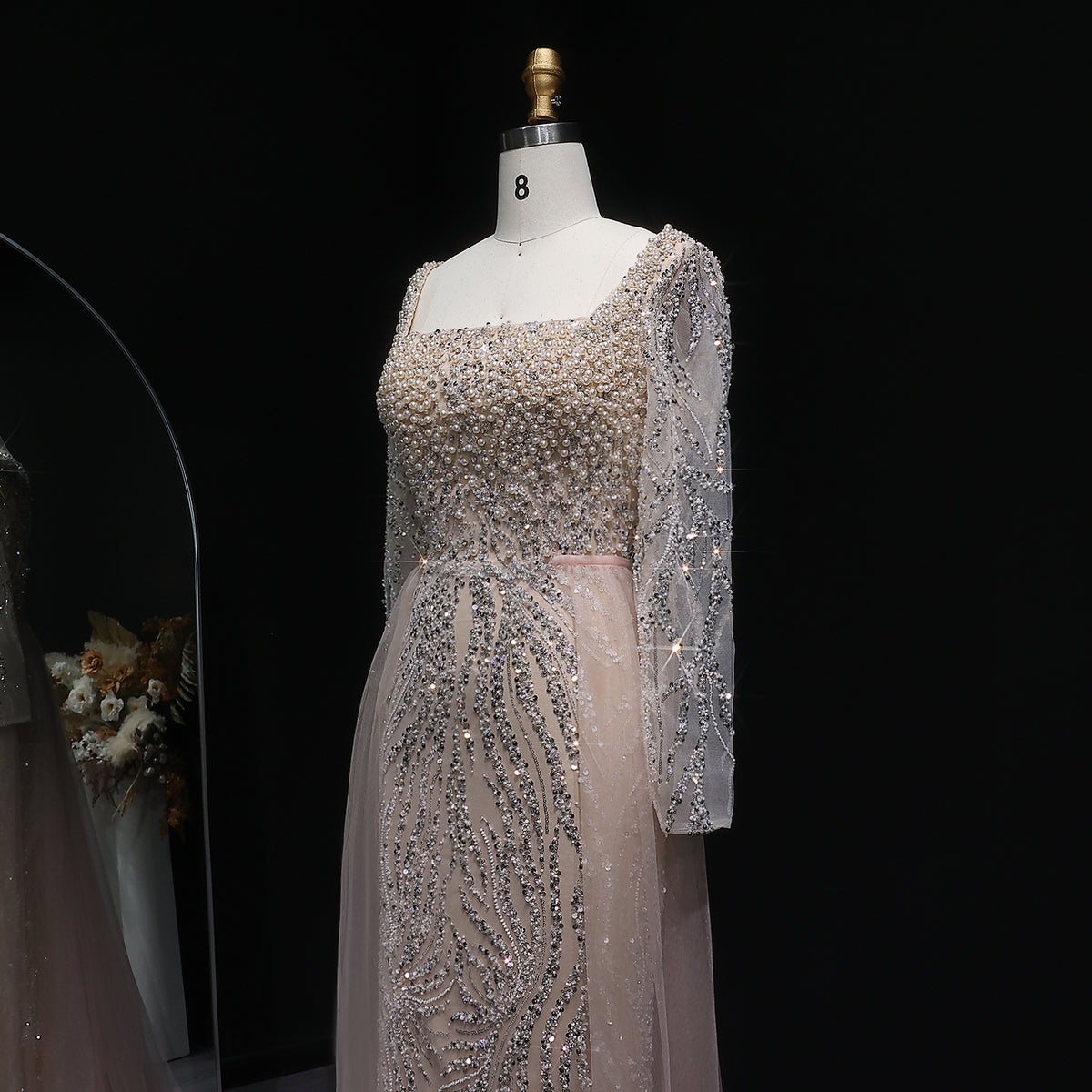 Luxury Beaded Champagne Long Sleeve Evening Dress SS632 