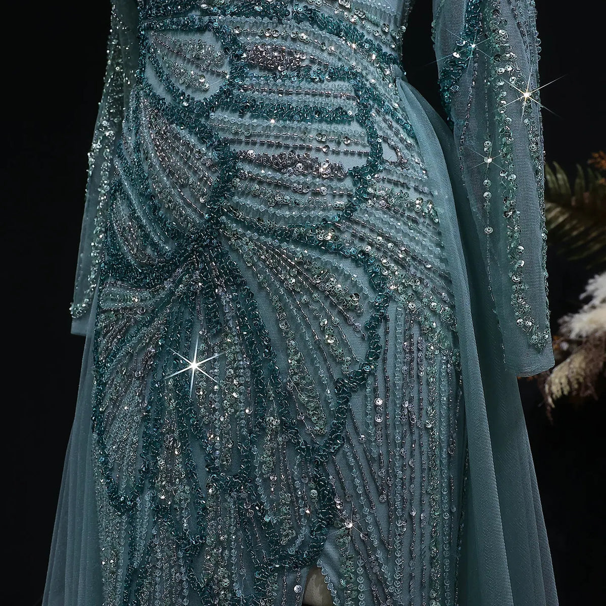 Luxury Green Beaded High-Slit Evening Dress with Overskirt SS160 