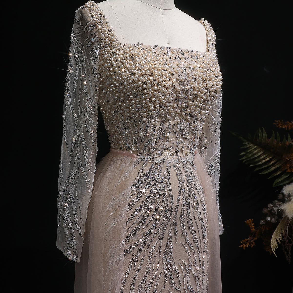 Luxury Beaded Champagne Long Sleeve Evening Dress SS632 