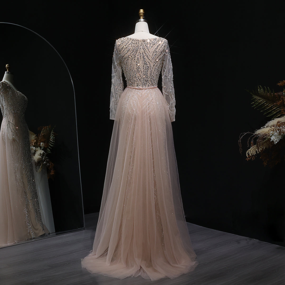 Luxury Beaded Champagne Long Sleeve Evening Dress SS632 