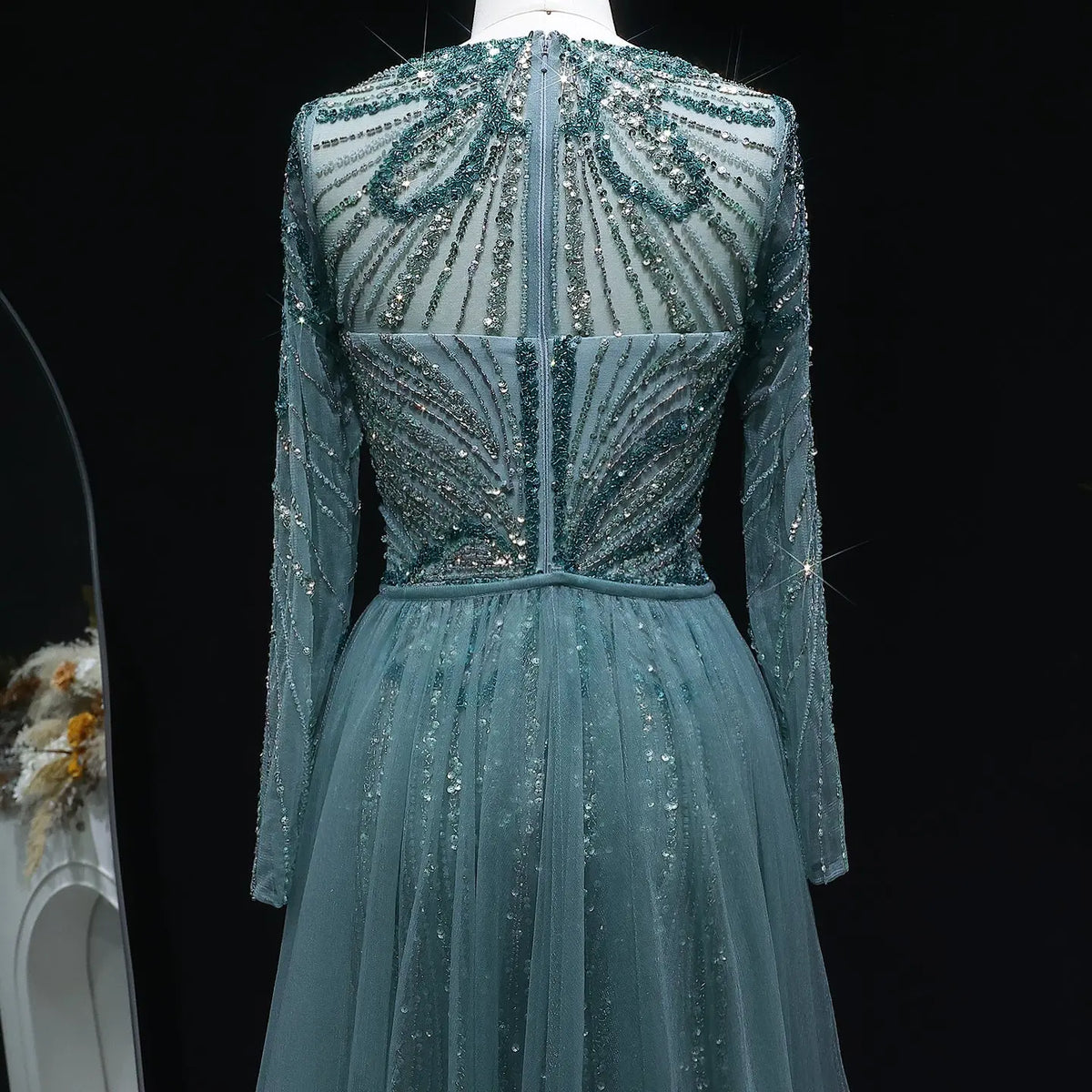 Luxury Green Beaded High-Slit Evening Dress with Overskirt SS160 