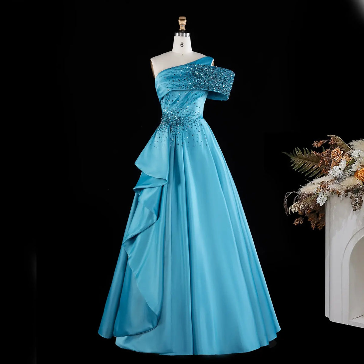 Blue One Shoulder Sequins Satin Evening Gown XD043-3