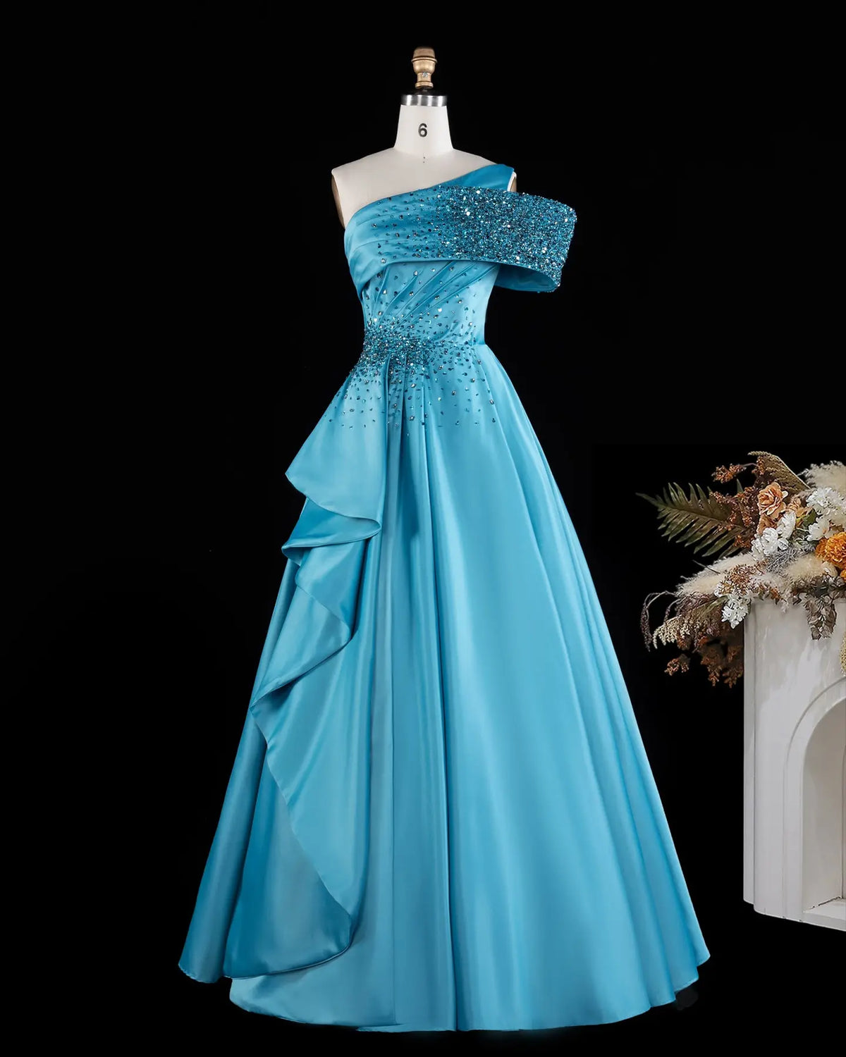 Blue One Shoulder Sequins Satin Evening Gown XD043-2