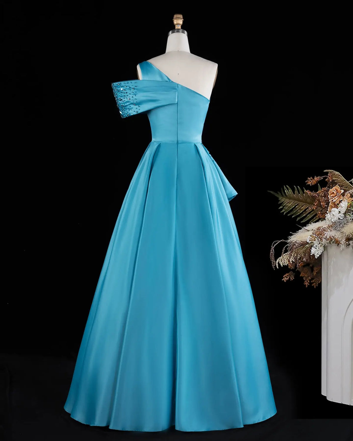 Blue One Shoulder Sequins Satin Evening Gown XD043-10