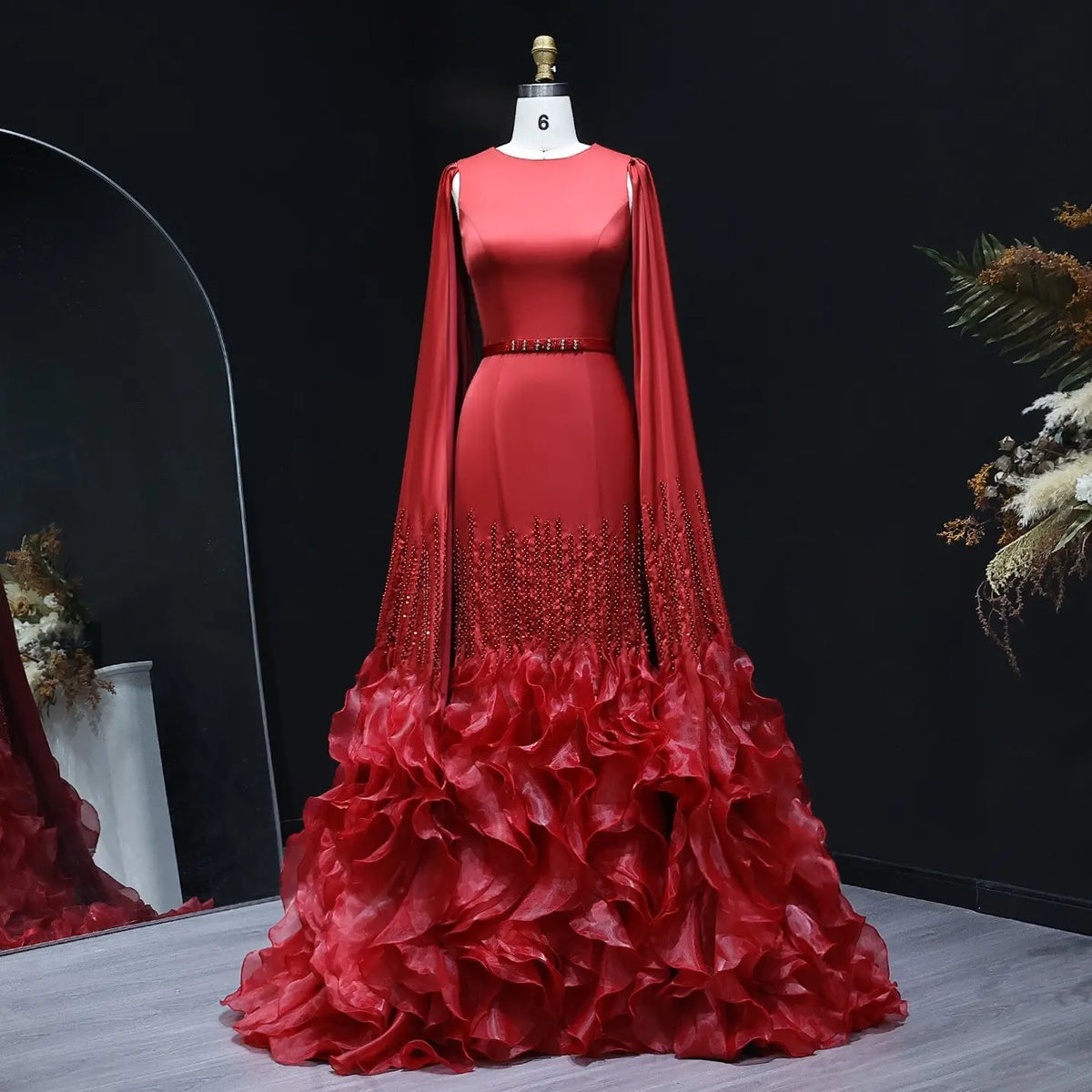 Luxury Nude Ruffles Evening Dress with Cape Sleeves SS440 - SHARONSAID Luxury Nude Ruffles Evening Dress with Cape Sleeves SS440 - SHARONSAID
