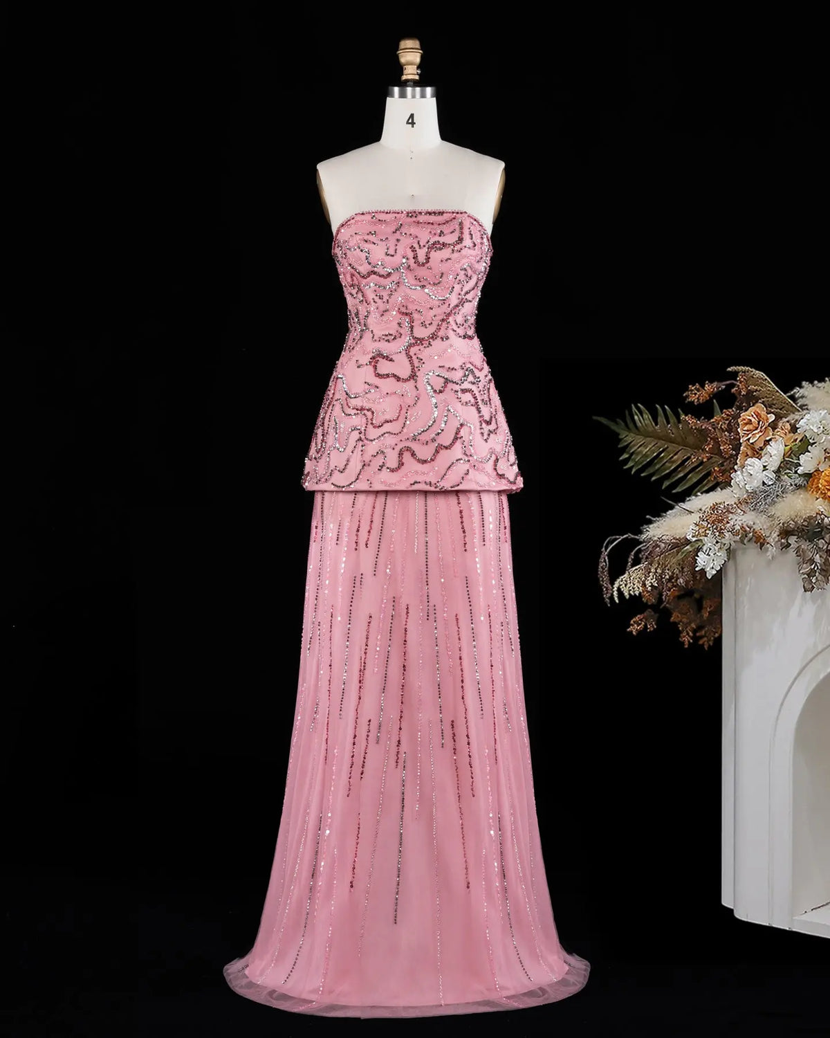 Rose Pink Crystal Sequin Two Piece Evening Dress SS218-3