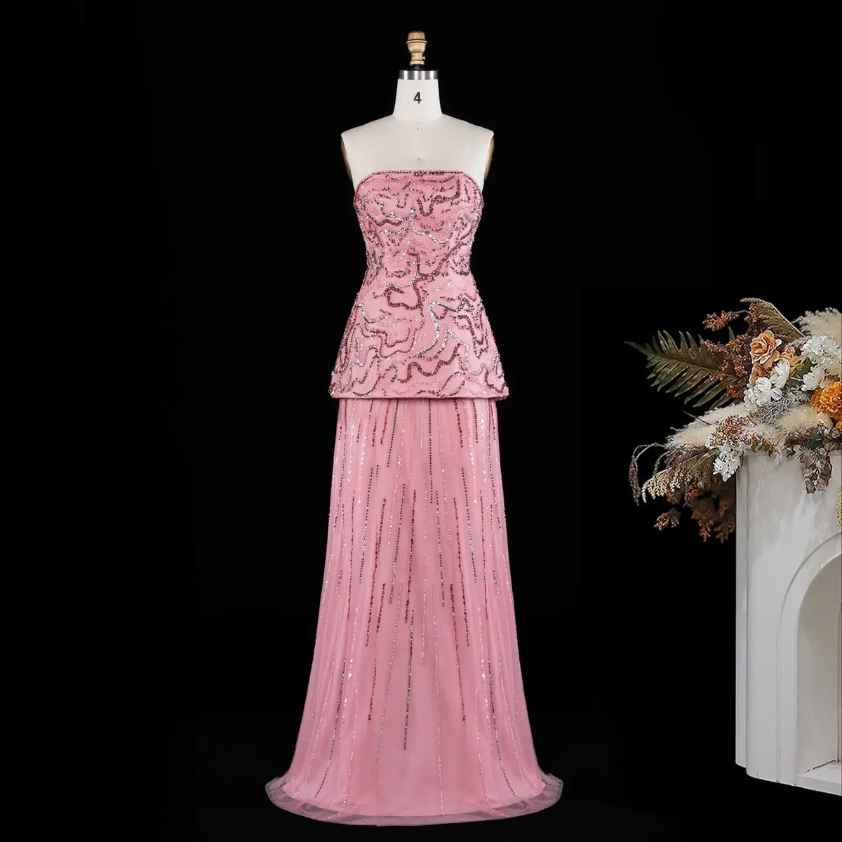 Rose Pink Crystal Sequin Two Piece Evening Dress SS218