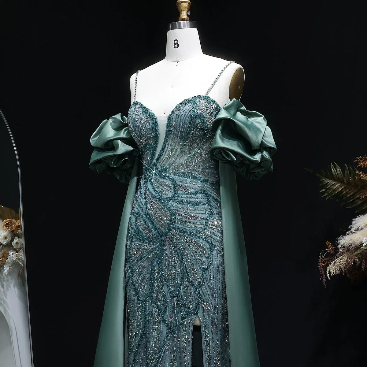 Luxury Lilac Beaded Cape High-Slit Evening Dress with Cap Sleeve SS157 