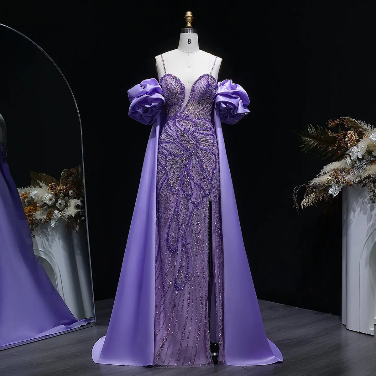 Luxury Lilac Beaded Cape High-Slit Evening Dress with Cap Sleeve SS157