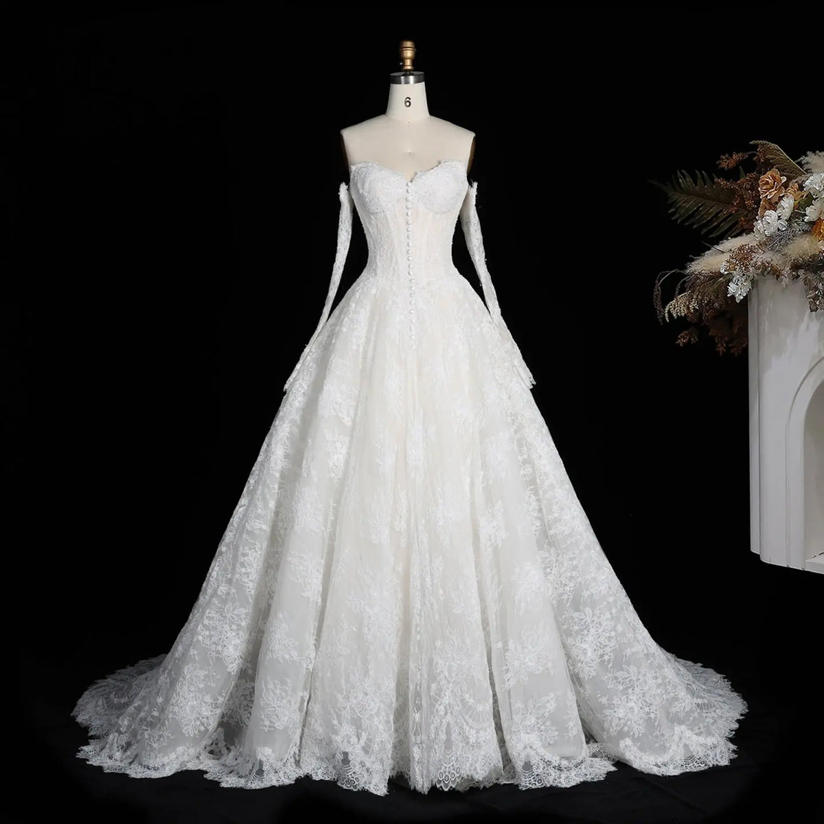 White Sweetheart Lace Ball Gown Long Sleeve Dress SW677