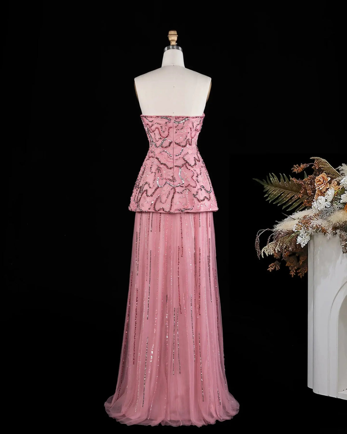 Rose Pink Crystal Sequin Two Piece Evening Dress SS218-10