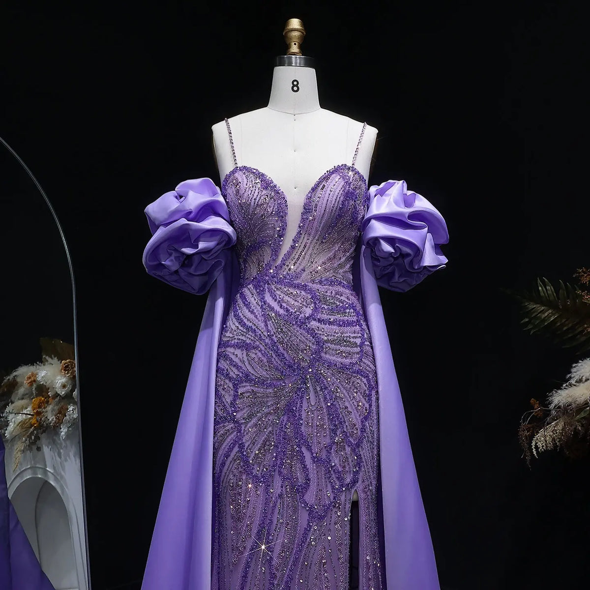 Luxury Lilac Beaded Cape High-Slit Evening Dress with Cap Sleeve SS157 