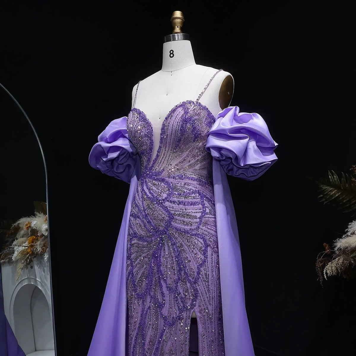 Luxury Lilac Beaded Cape High-Slit Evening Dress with Cap Sleeve SS157 