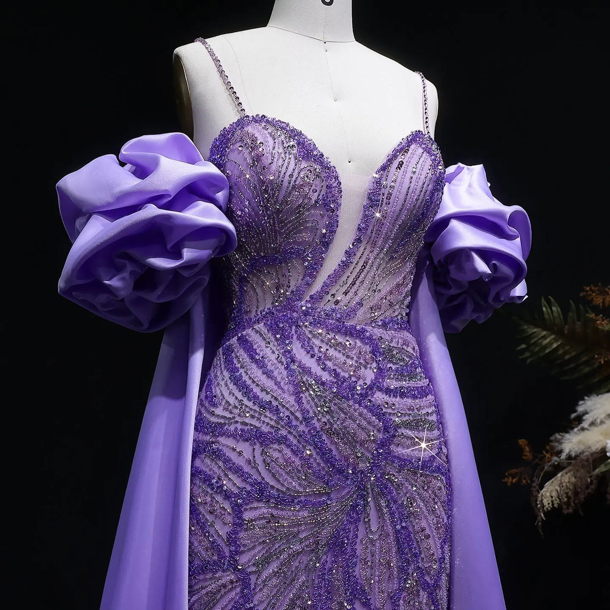 Luxury Lilac Beaded Cape High-Slit Evening Dress with Cap Sleeve SS157 – SHARONSAID