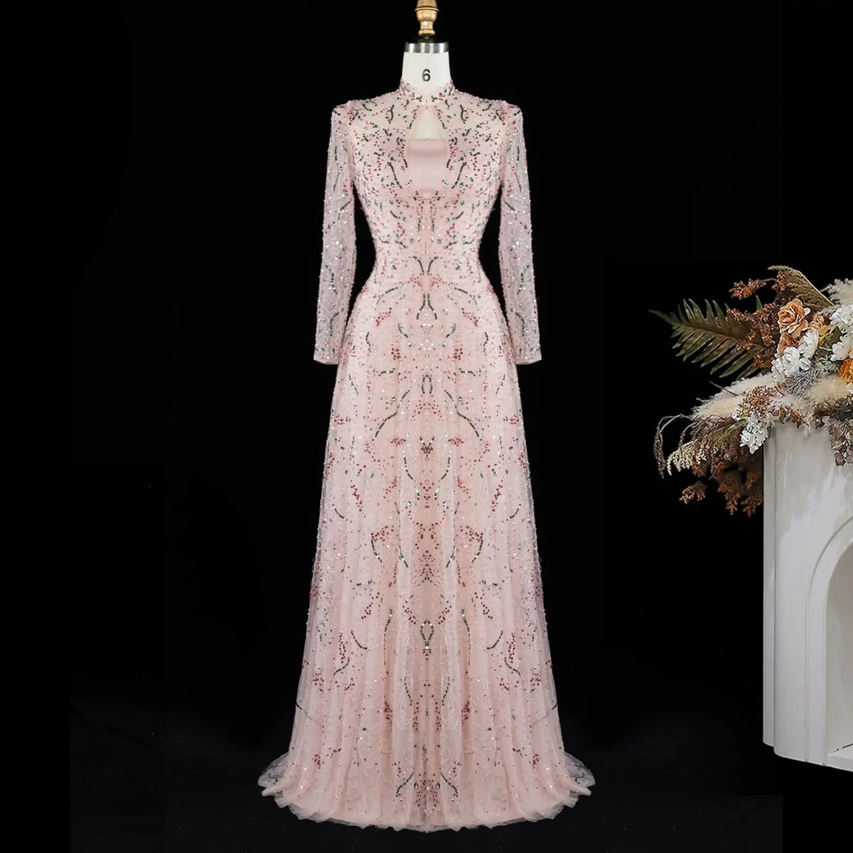 Gold Long Sleeve Sheer Evening Gown XD020-12