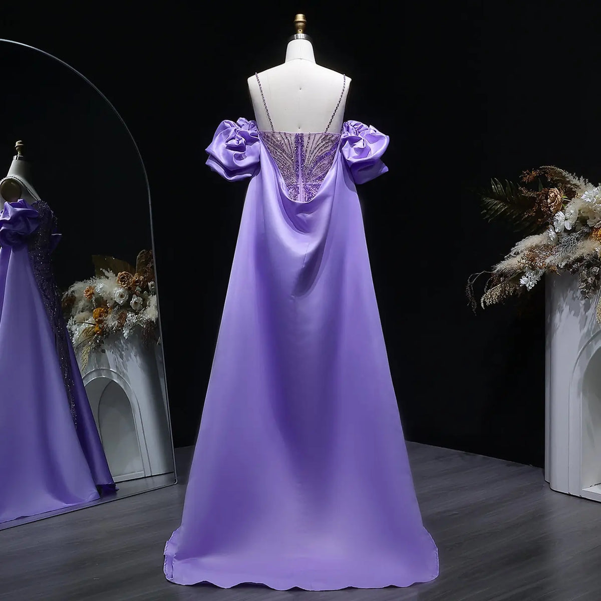 Luxury Lilac Beaded Cape High-Slit Evening Dress with Cap Sleeve SS157 