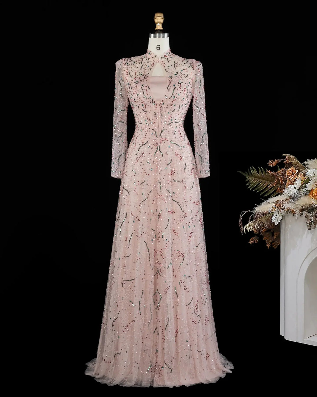Gold Long Sleeve Sheer Evening Gown XD020-13