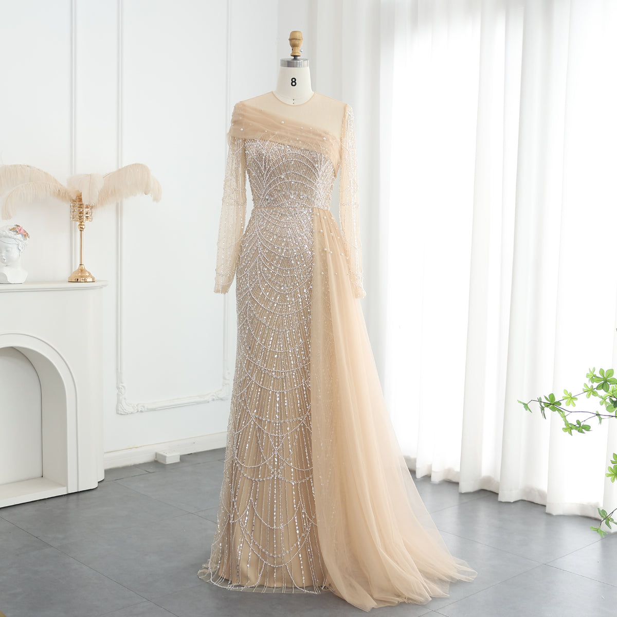 Sharon Said Luxury Beaded Champagne Mermaid Long Sleeves Arabic Evening Dress for Women Wedding Formal Party Gowns SS259