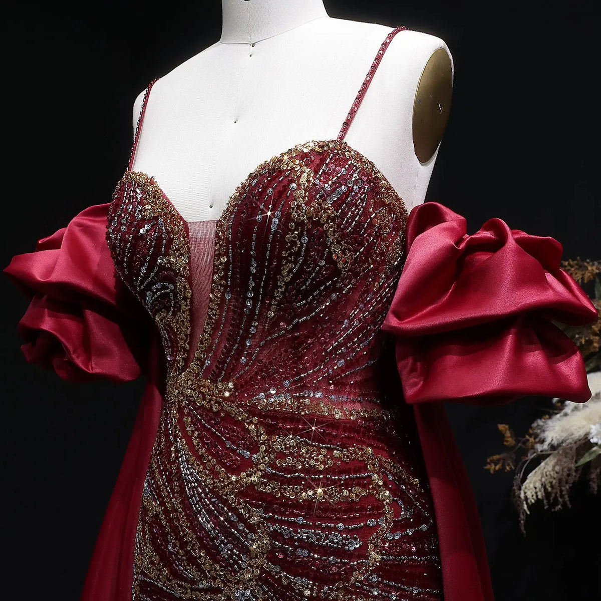 Luxury Lilac Beaded Cape High-Slit Evening Dress with Cap Sleeve SS157 