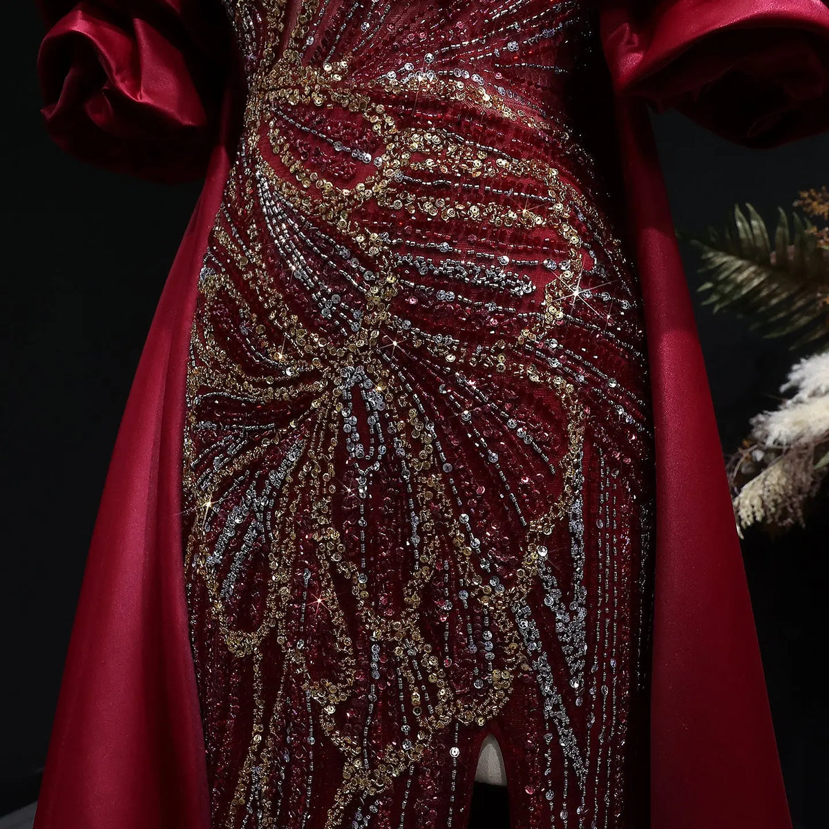 Luxury Lilac Beaded Cape High-Slit Evening Dress with Cap Sleeve SS157 